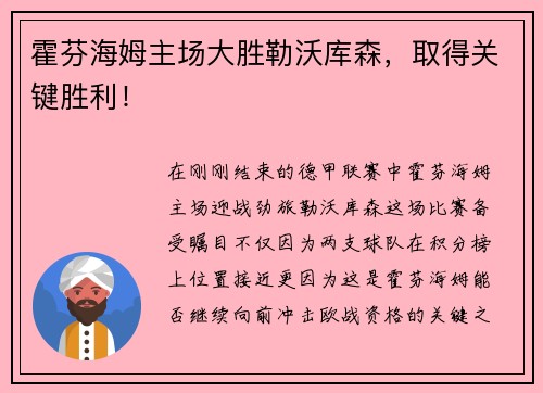霍芬海姆主场大胜勒沃库森，取得关键胜利！
